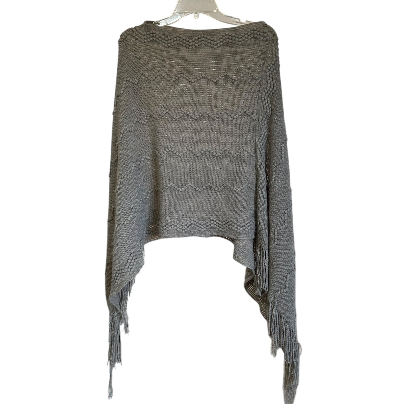 Taupe Chevron Bobble Knit Poncho Wrap With Fringe Trim Asymmetrical Hem One Size